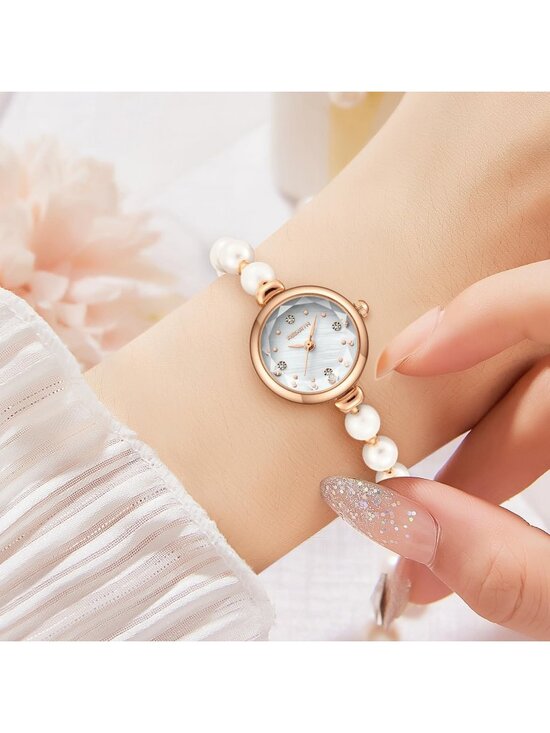Women Rose Gold Analog Quartz Adjustable Slider Clasp Pearl Bracelet Wrist Watch